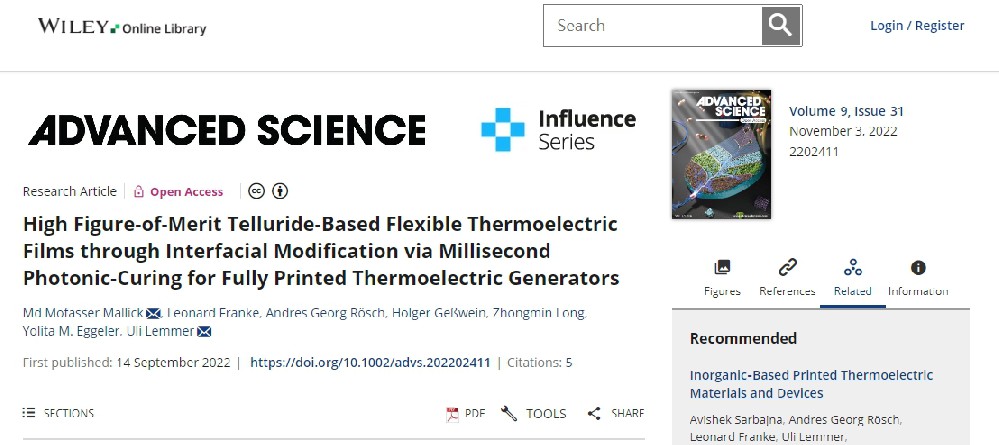 《Advanced Science》：通過毫秒光子燒結界面改性制備高品質因數(shù)碲化物基柔性熱電薄膜，用于全印刷熱電發(fā)電機（IF=15.17）